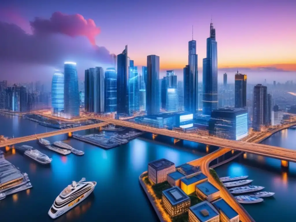 Inversión inmobiliaria futurista: skyline tecnológico en crepúsculo Vibrante ciudad futurista con tecnología en financiamiento inmobiliario al atardecer