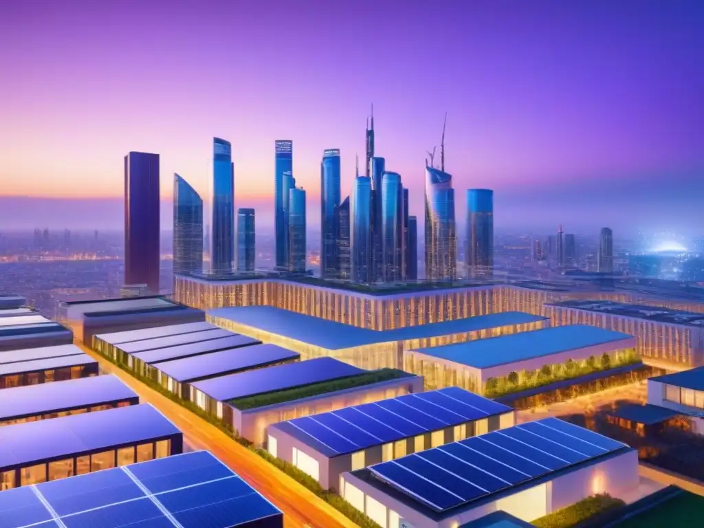 Cityscape futurista Proptech: innovación y eficiencia Vibrante ciudad futurista con tecnologías Proptech y una integración de servicios inmobiliarios innovadora al atardecer