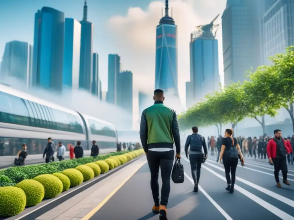 Metrópolis futurista: tecnología, sostenibilidad y diversidad en armonía Vibrante ciudad futurista con tendencias demográficas integradas en su diseño urbano