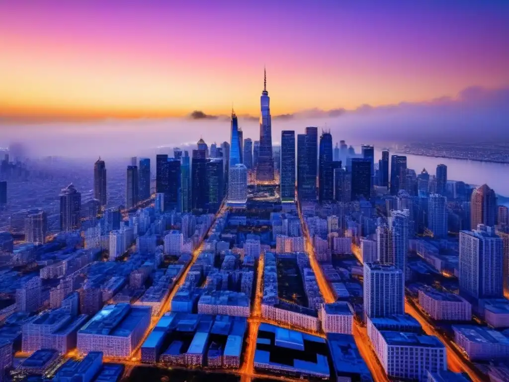 Futurista ciudad nocturna: tendencias inmobiliarias 2023 Vibrante ciudad futurista al anochecer, reflejando las tendencias afiliación listado propiedades 2023