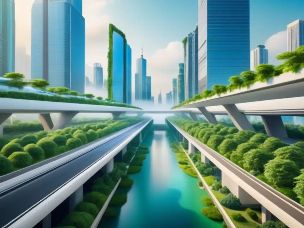 Metrópolis futurista: arquitectura sostenible y naturaleza en armonía Vibrante ciudad del futuro con arquitectura moderna y naturaleza exuberante, reflejando la inversión inmobiliaria y tendencias demográficas