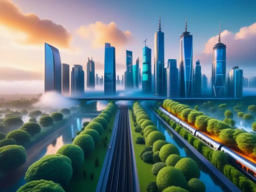 Vibrante ciudad del futuro con rascacielos y parques, mezclando arquitectura moderna y naturaleza