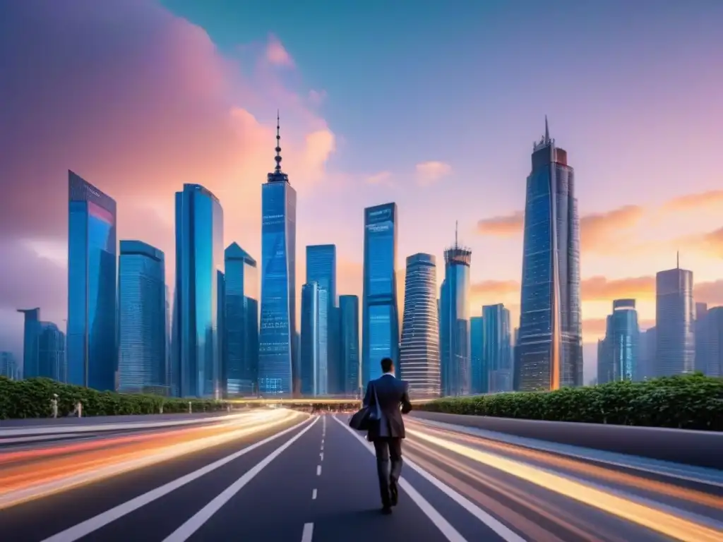 Vibrante ciudad global al atardecer, reflejando regulaciones globales inversiones inmobiliarias internacionales