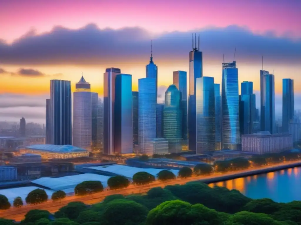 Horizonte urbano: inversión inmobiliaria internacional Vibrante ciudad global con rascacielos modernos y edificios históricos, reflejando la diversificación en inversiones inmobiliarias internacionales