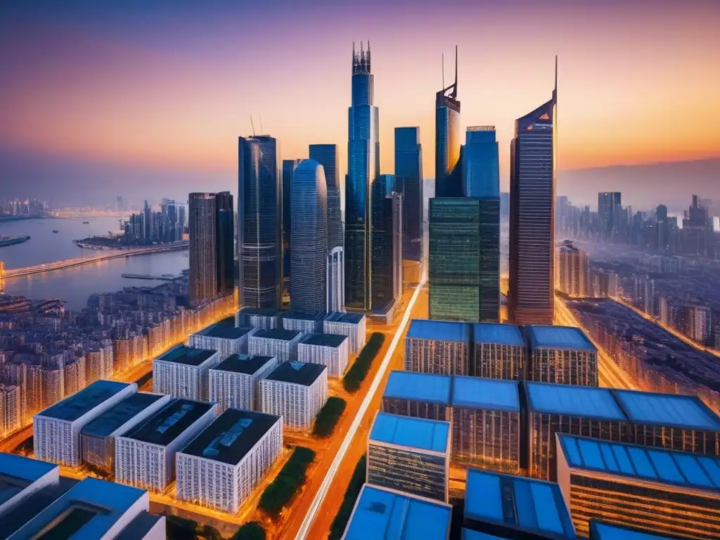 Skyline urbano al atardecer: impacto de la expansión monetaria en el mercado inmobiliario Vibrante ciudad al anochecer, iluminada por un cálido resplandor dorado, reflejando el efecto quantitative easing mercado inmobiliario