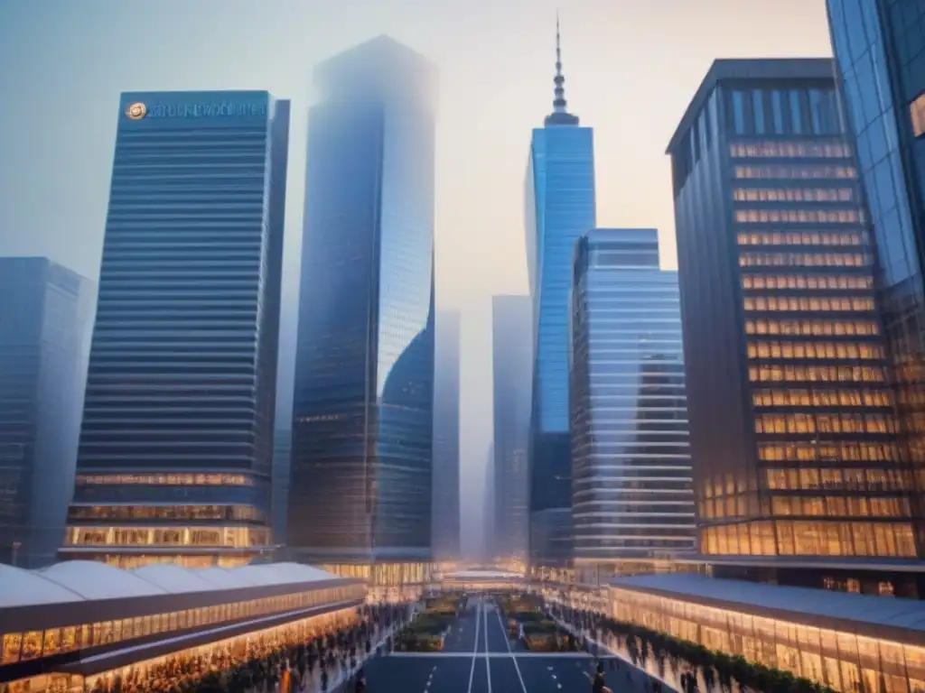 Cityscape urbano al atardecer con profesionales y crowdlending Vibrante ciudad al anochecer con impacto del crowdlending en financiamiento inmobiliario