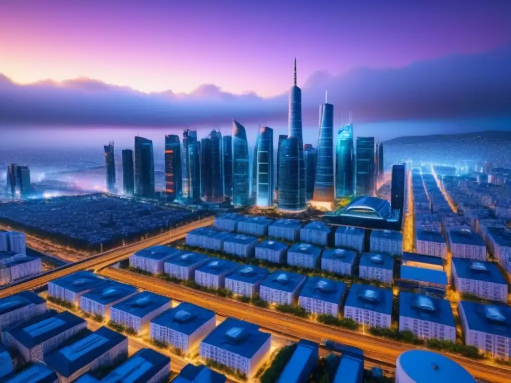 Skyline futurista 5G: ciudad inteligente y conectada Vibrante ciudad inteligente futurista de noche con tecnología 5G en Proptech