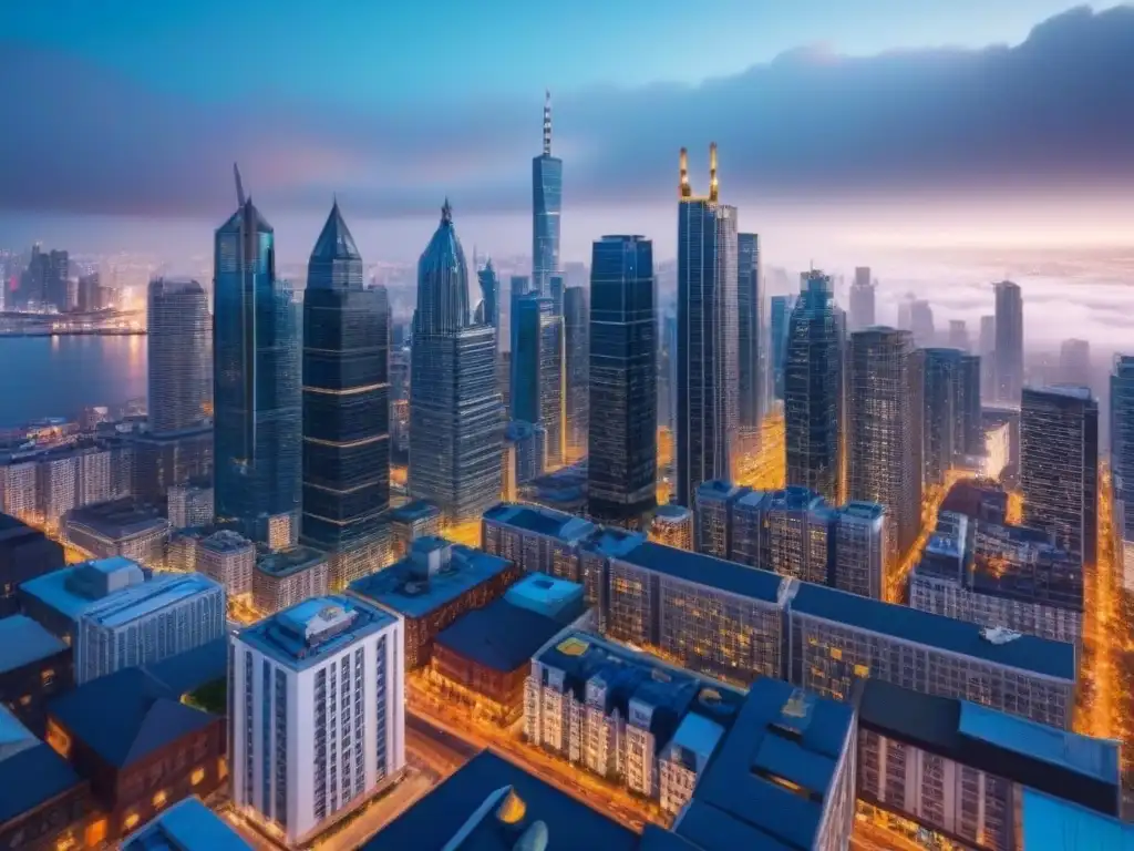 Oportunidades de inversión en mercado inmobiliario emergente Vibrante ciudad de inversiones inmobiliarias emergentes con profesionales debatiendo y firmando contratos, iluminada por luces brillantes