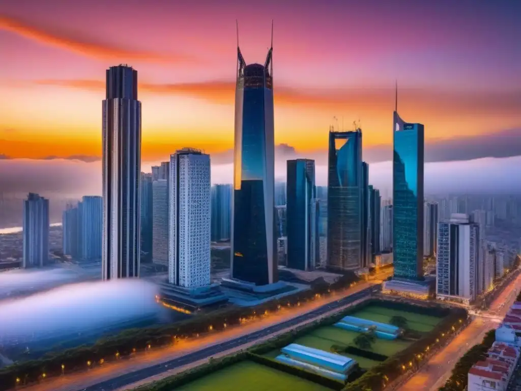 Horizonte urbano de ciudad latinoamericana en crecimiento al atardecer Vibrante ciudad latinoamericana al atardecer con rascacielos y profesionales, representa el financiamiento inmobiliario en América Latina