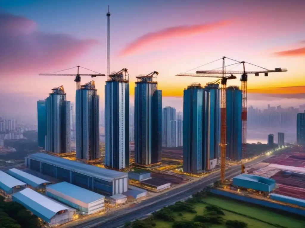 Desarrollo urbano en Latinoamérica: cielos de oportunidades Vibrante ciudad latinoamericana en crecimiento con rascacielos en construcción bajo un cielo al atardecer