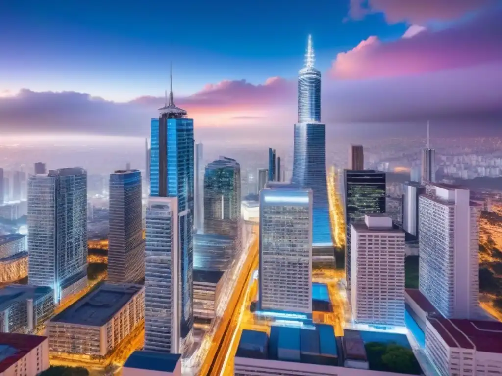Metrópolis vibrante: mercado inmobiliario en América Latina Vibrante ciudad latinoamericana con rascacielos, gente y luces neón