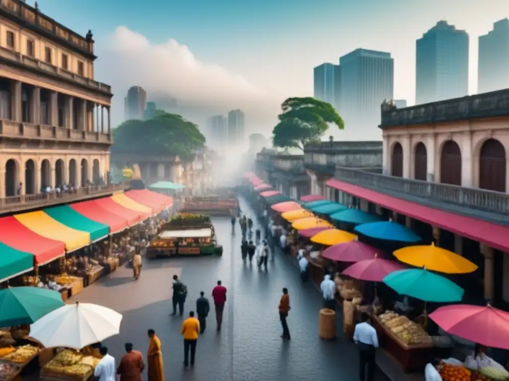 Contraste urbano: modernidad y tradición en América Latina Vibrante ciudad latinoamericana con rascacielos modernos y arquitectura colonial, mercado callejero y diversidad