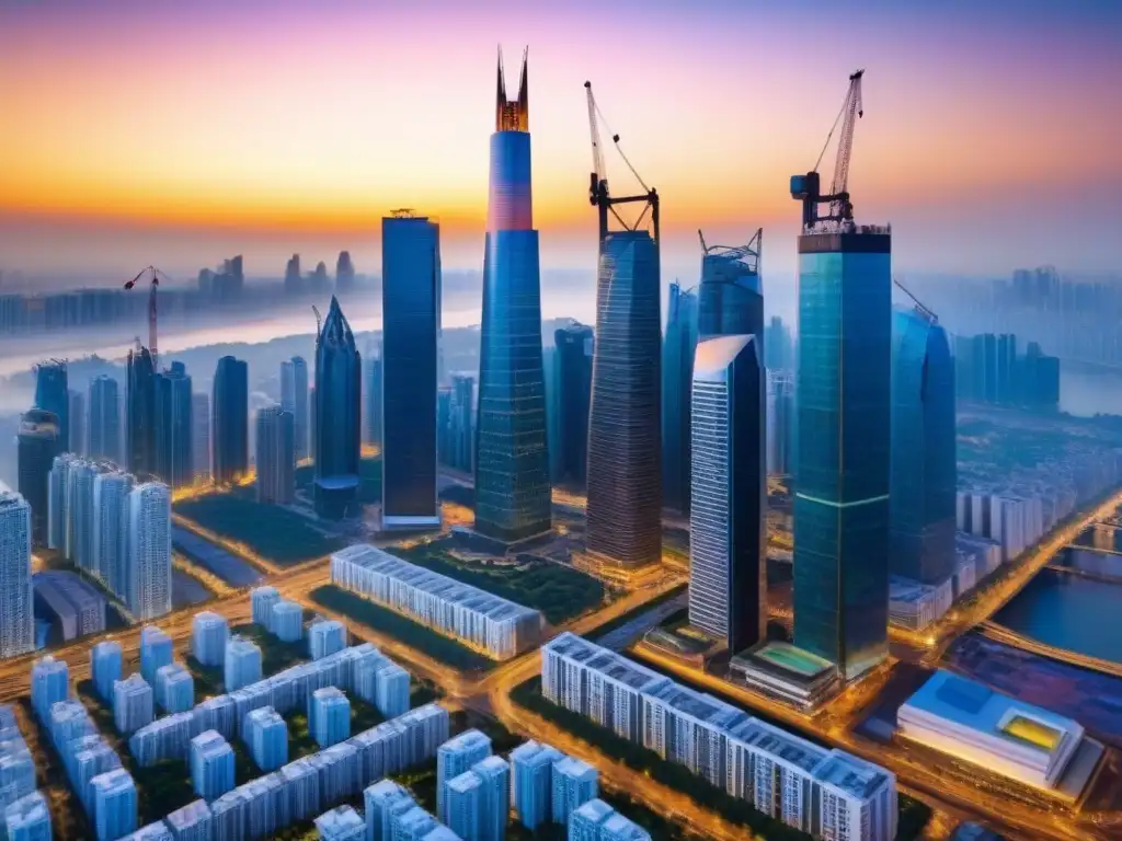 Mercado emergente: panorama urbano vibrante en 8k Vibrante ciudad de mercados emergentes con rascacielos, calles llenas de gente y un mercado inmobiliario en acción al atardecer