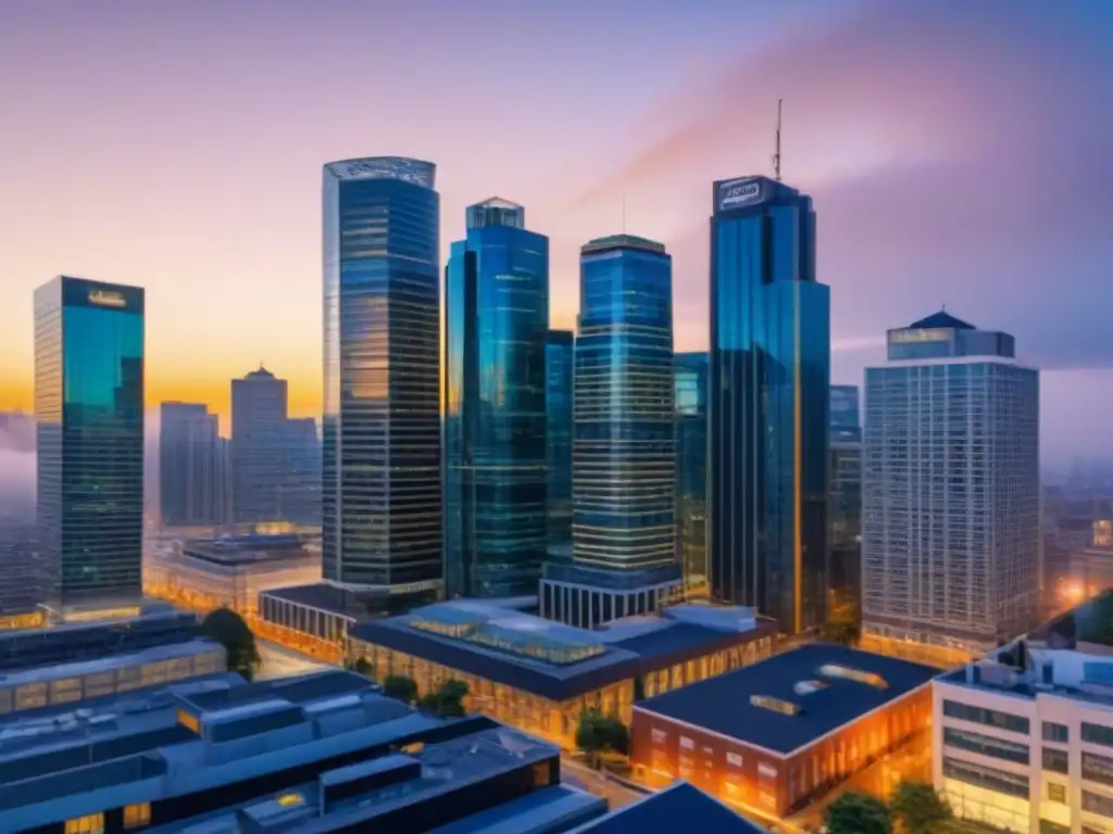 Cityscape urbano al atardecer: oficina de seguros moderna en primer plano Vibrante ciudad al anochecer, mezcla de edificios comerciales y residenciales iluminados