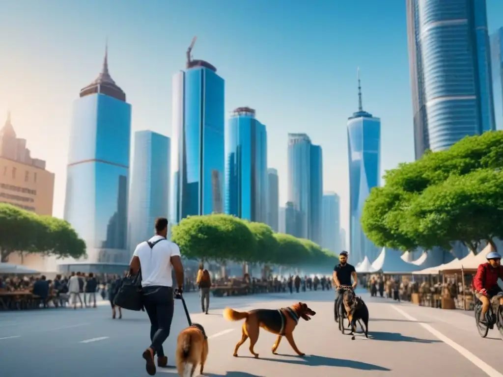 Metrópolis moderna: Millennials activos en la ciudad Vibrante ciudad millennial con modernos edificios y actividades urbanas