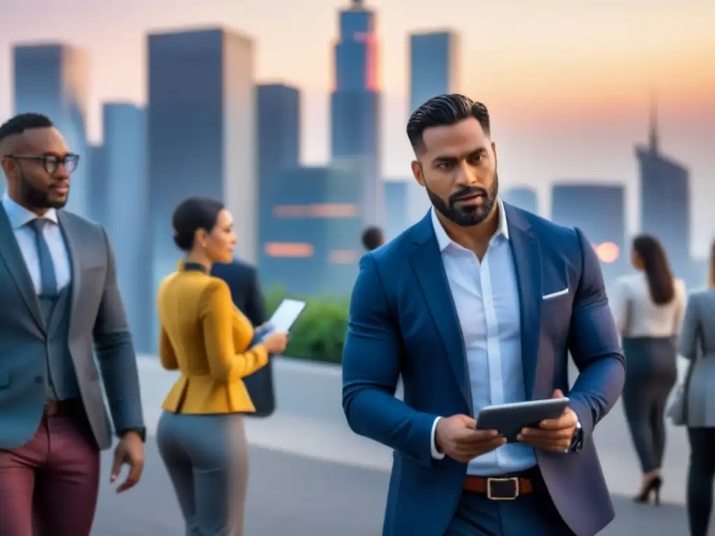 Skyline urbano vibrante al anochecer con ejecutivos colaborativos Vibrante ciudad moderna al atardecer, con rascacielos iluminados y profesionales en la calle, mientras empresarios innovadores discuten sobre financiamiento para desarrollos comerciales