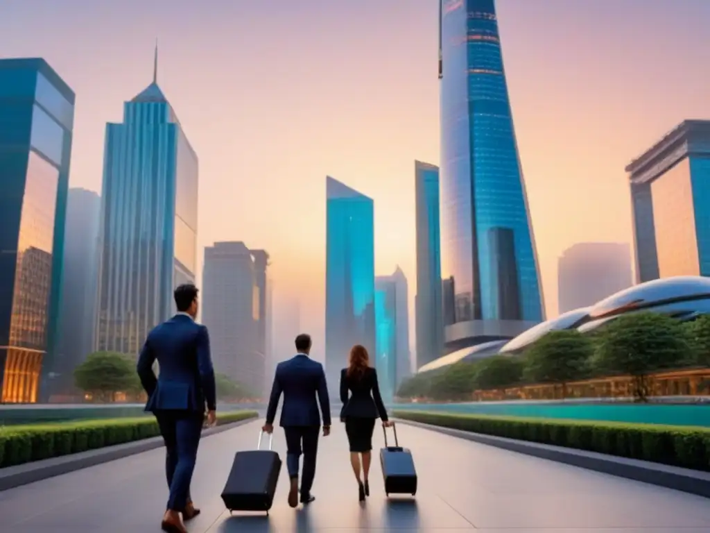 Atardecer en la ciudad: innovación y progreso en el sector inmobiliario Vibrante ciudad moderna al atardecer, con rascacielos de cristal iluminados y profesionales en traje de negocios
