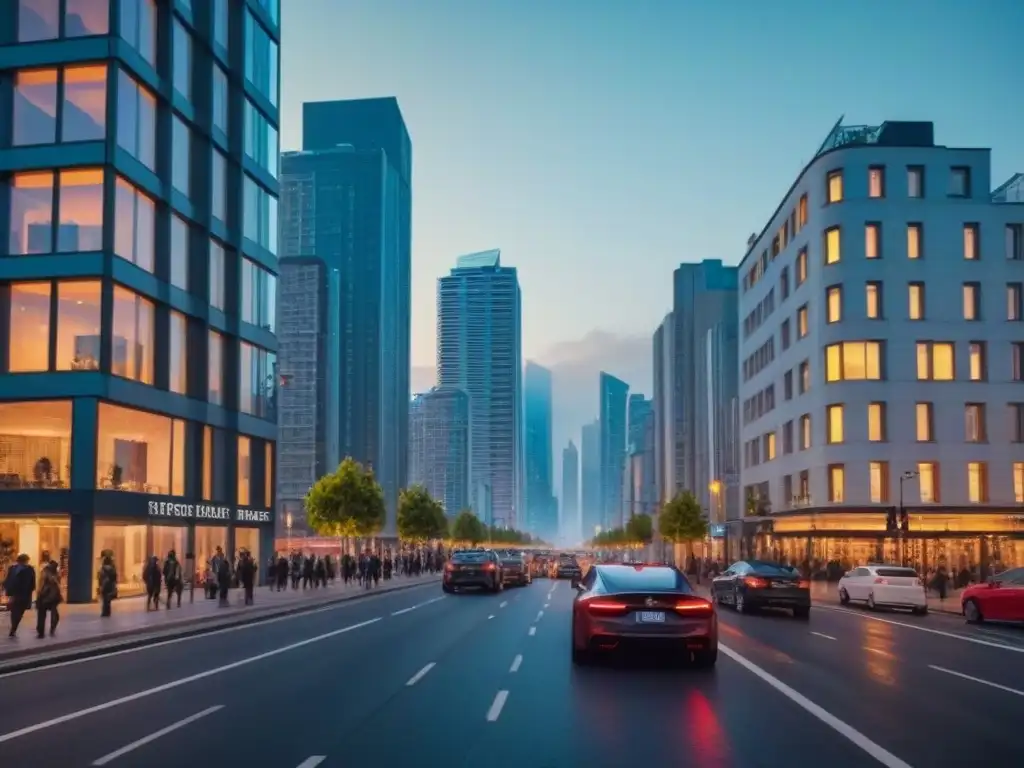 Vibrante ciudad moderna al atardecer: real estate en crecimiento Vibrante ciudad moderna al atardecer, reflejo del dinámico mercado inmobiliario bajo normativas vivienda