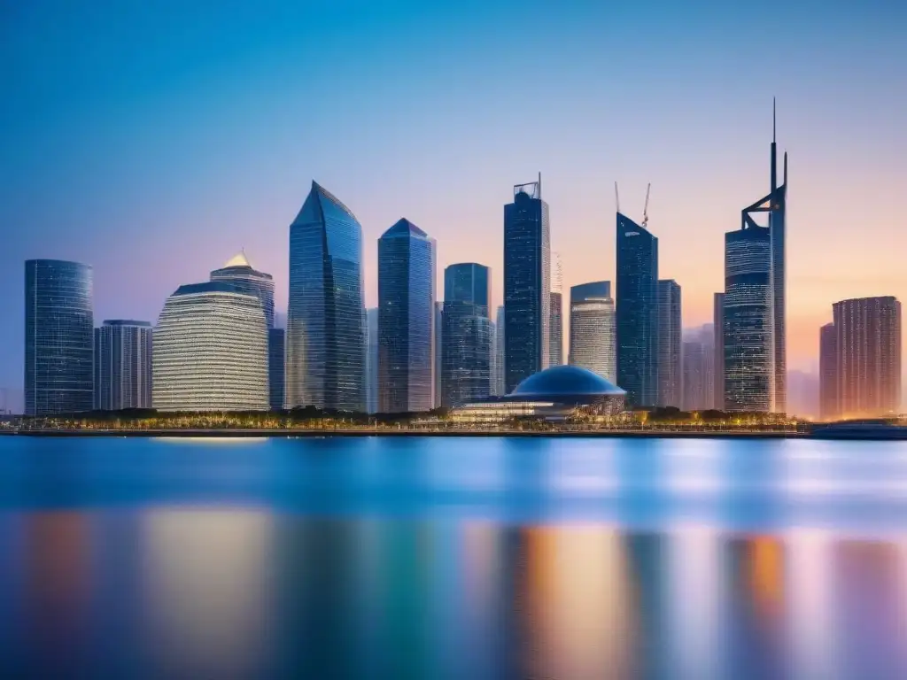 Inversión inmobiliaria estratégica: moderna ciudad al atardecer Una vibrante ciudad moderna al atardecer con profesionales planificando inversión inmobiliaria