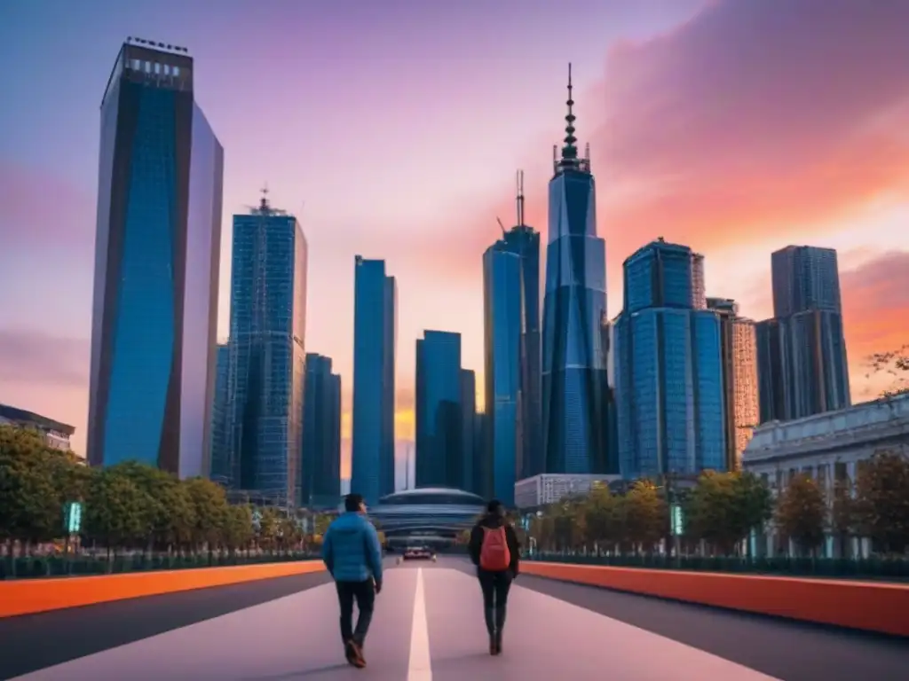 Skyline urbano moderno al atardecer: luces y vida en la ciudad Vibrante ciudad moderna al atardecer con rascacielos iluminados y bulliciosa actividad urbana