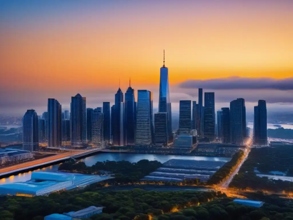 Horizonte urbano moderno en 8k: progreso y crecimiento inmobiliario Vibrante ciudad moderna al atardecer, reflejo urbano de progreso y crecimiento inmobiliario
