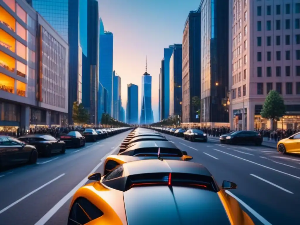 Horizonte urbano moderno al atardecer Vibrante ciudad moderna al atardecer, con rascacielos iluminados y autos eléctricos
