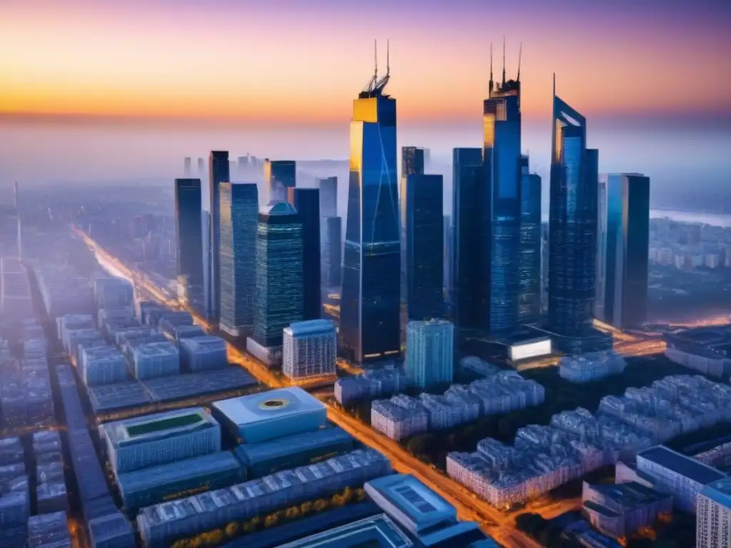 Horizonte urbano al atardecer: símbolo de crecimiento inmobiliario Vibrante ciudad moderna al atardecer con rascacielos iluminados y calles llenas de tráfico