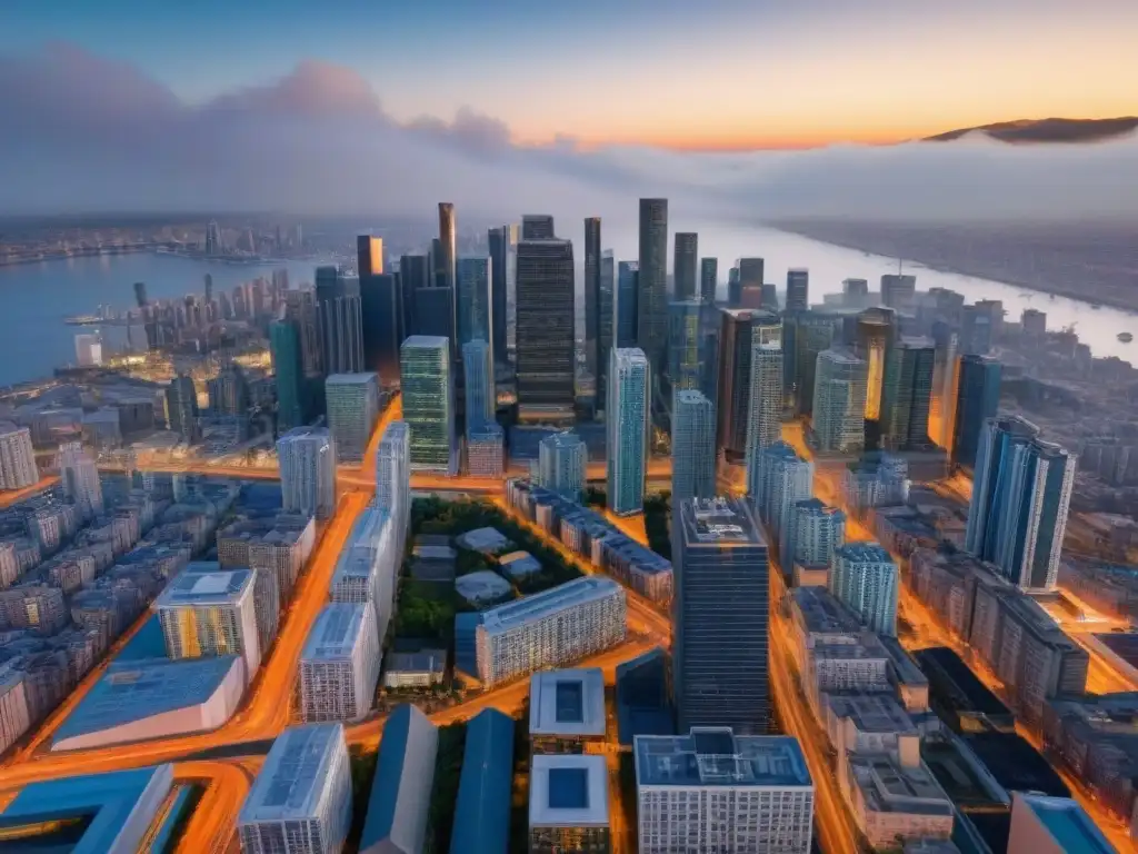 Skyline urbano: diversidad arquitectónica y regulaciones locales en propiedad Vibrante ciudad moderna con diversidad arquitectónica, resaltando la importancia de la normativa local en inmuebles