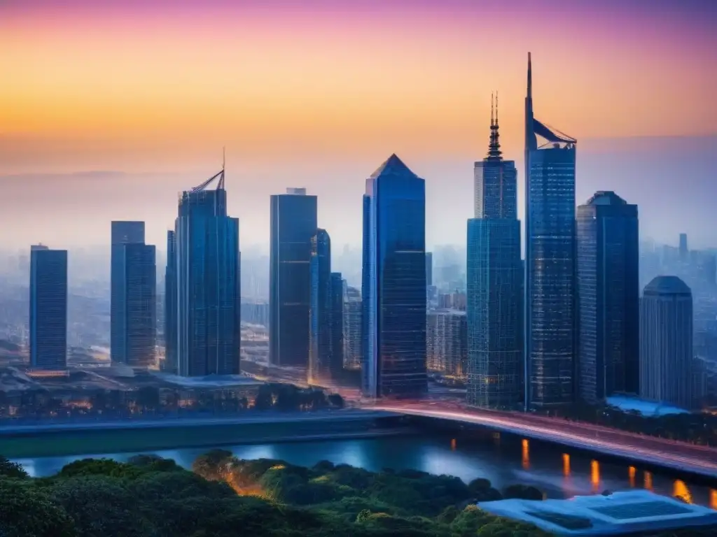 Horizonte urbano moderno al atardecer: vitalidad en seguros de propiedad Vibrante ciudad moderna al anochecer, con edificios de vidrio reflejando la luz solar