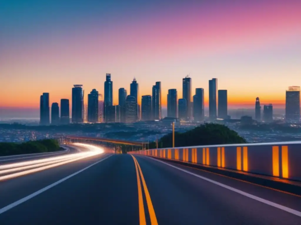 Espectacular ciudad moderna al atardecer: luces, rascacielos y vida urbana Vibrante ciudad moderna al anochecer, ideal para seguro propiedad inversión inmobiliaria