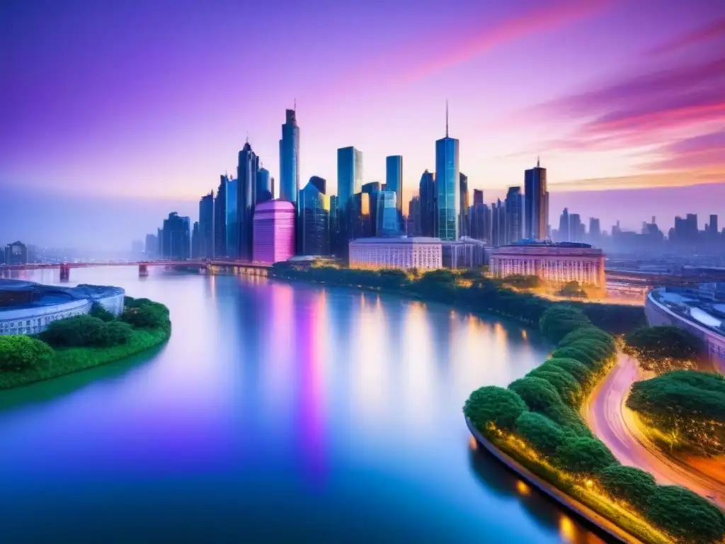 Horizonte urbano moderno al anochecer: luces y colores vibrantes Vibrante ciudad moderna al anochecer: rascacielos iluminados, río cristalino y parques verdes