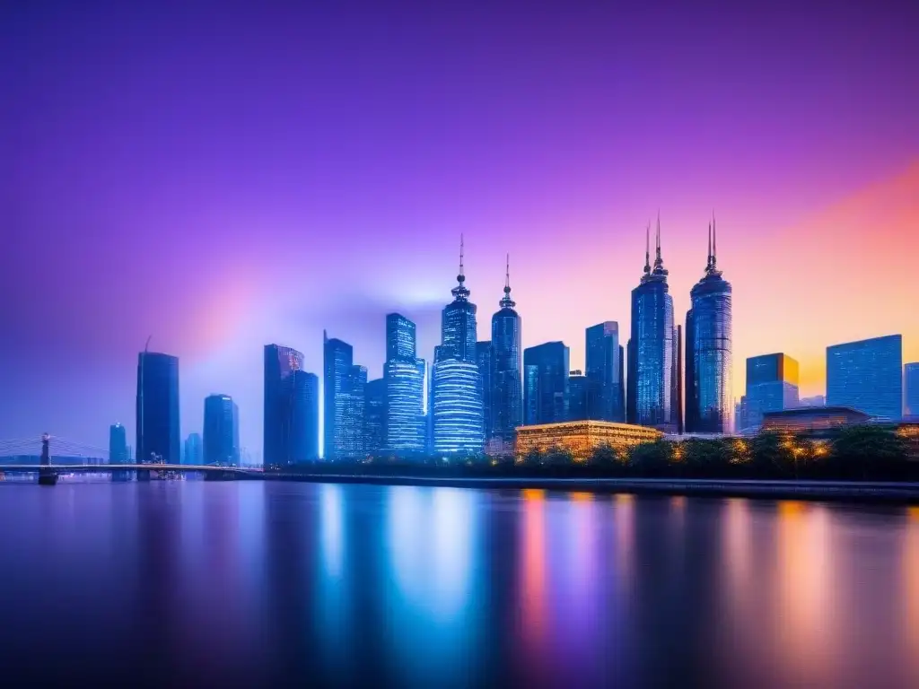 Horizonte urbano moderno al atardecer: luces vibrantes en rascacielos junto al río, transmitiendo éxito y garantía de seguro de alquiler para inversores inmobiliarios Vibrante ciudad moderna al anochecer, con rascacielos iluminados y río sereno