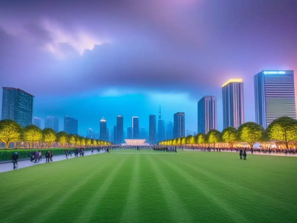 Horizonte urbano moderno y vibrante al anochecer Vibrante ciudad moderna al anochecer con rascacielos futuristas iluminados y un amplio parque, resaltando la importancia de espacios abiertos