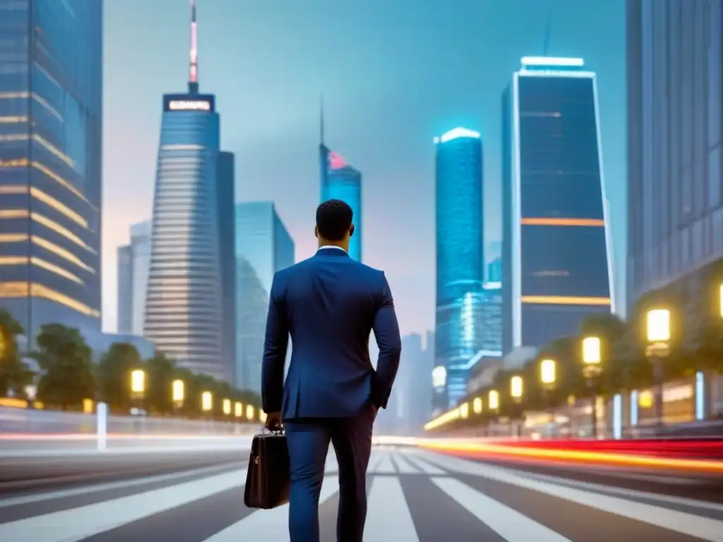 Inversión inmobiliaria: ciudad moderna al atardecer Vibrante ciudad moderna al anochecer, con rascacielos iluminados
