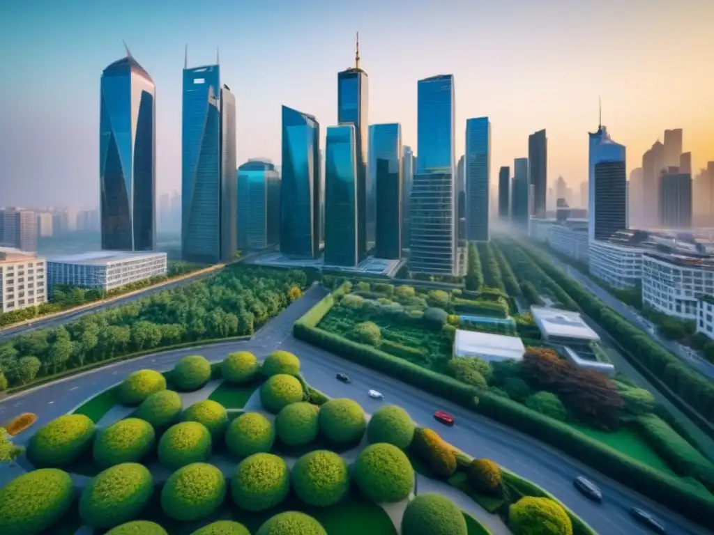 Horizonte urbano moderno: integración de seguros en bienes raíces Vibrante ciudad moderna con rascacielos y parques, reflejando la integración de seguros en bienes raíces