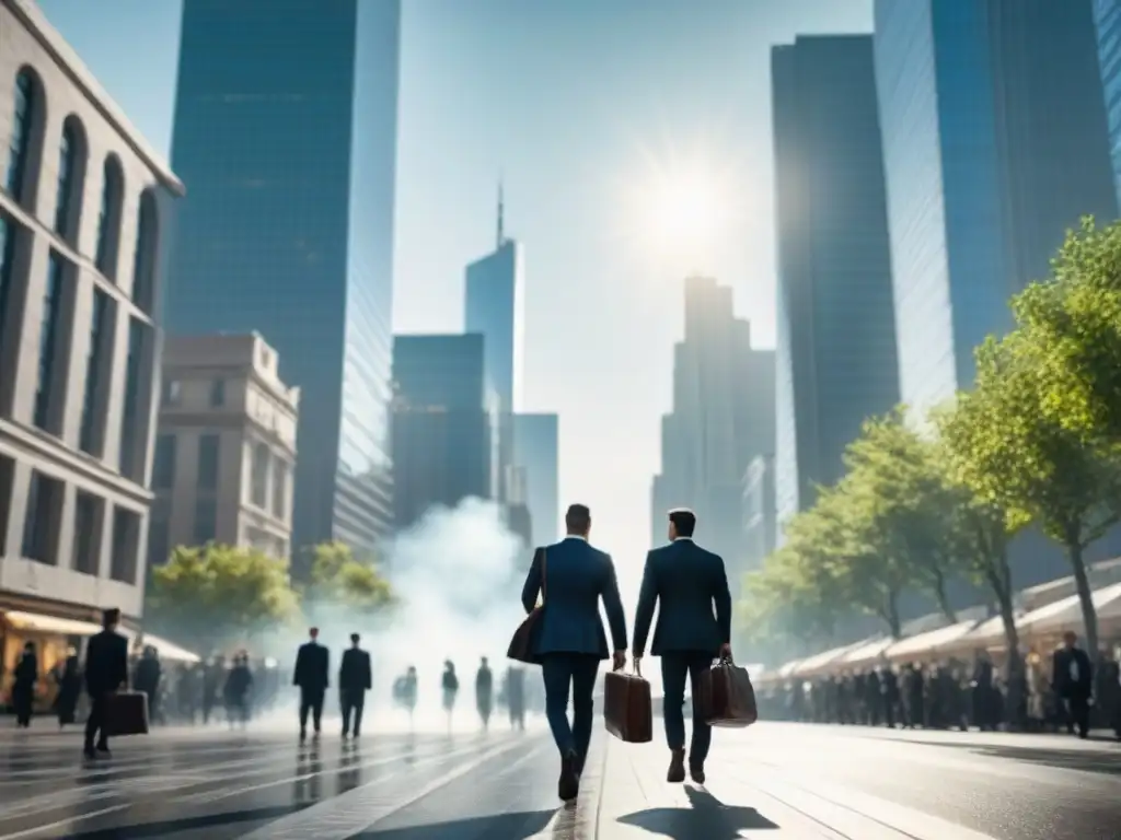 Skyline moderno: impacto económico en la ciudad Vibrante ciudad moderna con rascacielos y profesionales en trajes, reflejando el sol