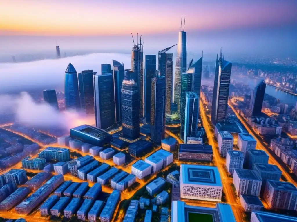 Metrópolis moderna: skyline vibrante y futurista Vibrante ciudad moderna, reflejo de la economía en crecimiento con ventajas del crowdfunding inmobiliario