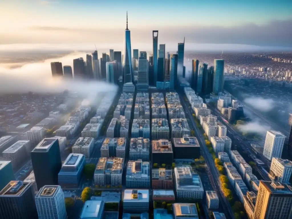 Espléndida vista aérea de una ciudad moderna y próspera Vibrante ciudad con modernos edificios y bulliciosa vida urbana, reflejando la importancia de la ubicación en financiamiento segunda propiedad
