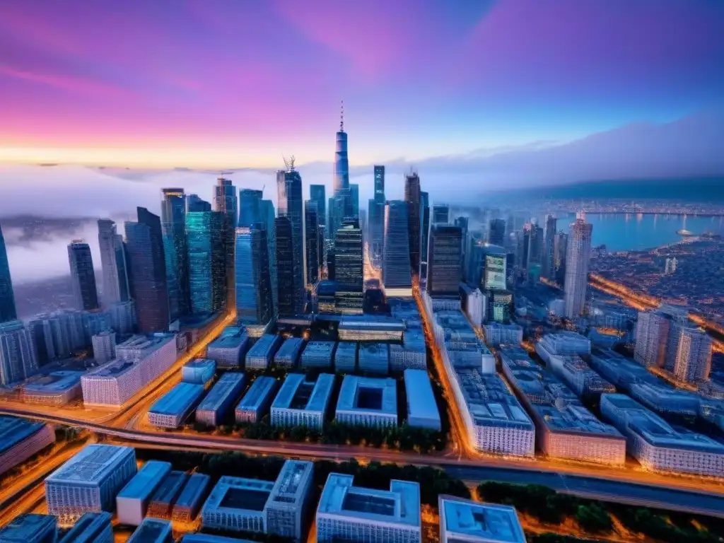 Horizonte urbano al atardecer: luces de la ciudad en modernos rascacielos Vibrante ciudad al anochecer con modernos rascacielos iluminados