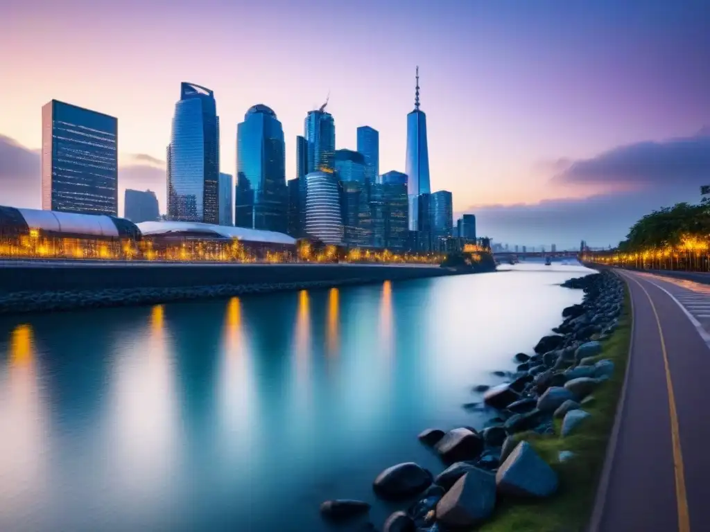 Esplendor urbano al atardecer: skyline moderno en 8k Vibrante ciudad al anochecer con modernos rascacielos y luces, reflejadas en un río tranquilo