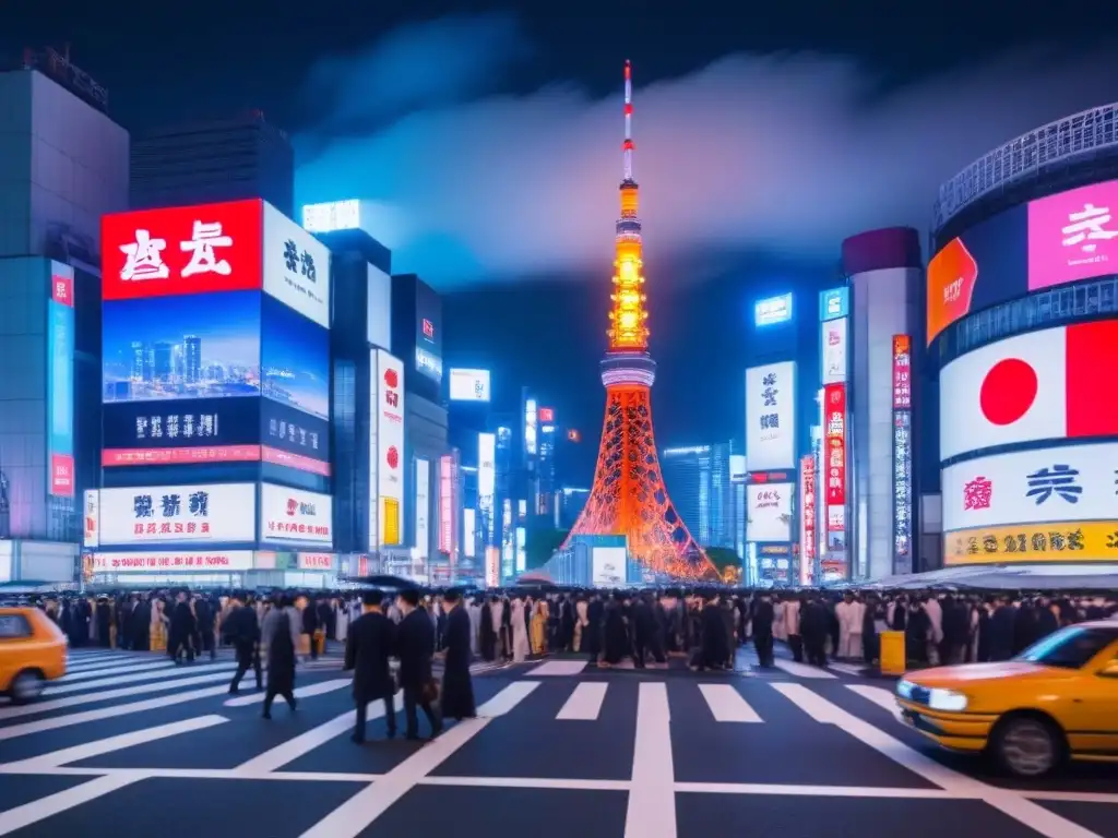 Tokio nocturno: fusión de tradición y modernidad Vibrante ciudad de Tokio de noche con arquitectura tradicional y rascacielos modernos iluminados por luces de neón
