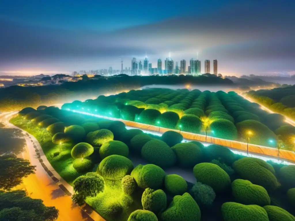 Metrópolis sostenible: luces LED y energía renovable Vibrante ciudad nocturna con edificios verdes conectados por luces LED, parques y paneles solares, simbolizando desarrollo urbano energía sostenible