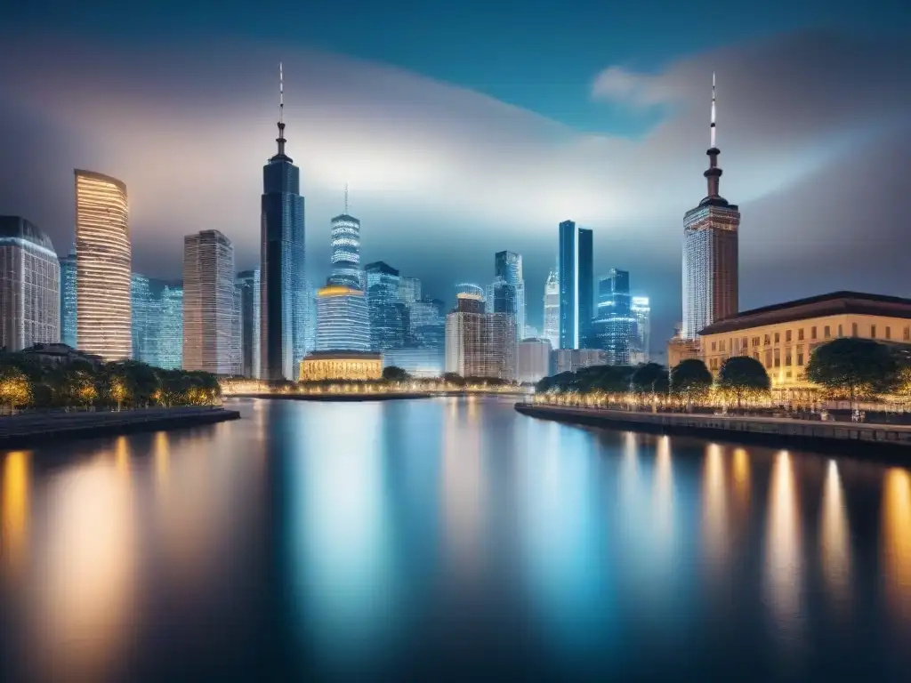 Skyline urbano nocturno: ciudad iluminada junto al río Vibrante ciudad nocturna con impacto de política monetaria en propiedades, rascacielos iluminados y reflejos en el río