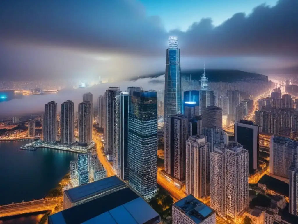 Metrópolis nocturna vibrante: luces, tráfico y arquitectura moderna Vibrante ciudad nocturna con rascacielos iluminados, tráfico bullicioso y moderna arquitectura, reflejo de la importancia de impuestos en la economía