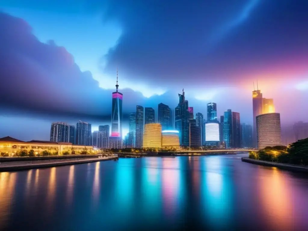 Horizonte urbano vibrante: luces y modernidad en la ciudad digital Vibrante ciudad nocturna con rascacielos iluminados y reflejados en un río, ideal para inversores inmobiliarios en la era digital
