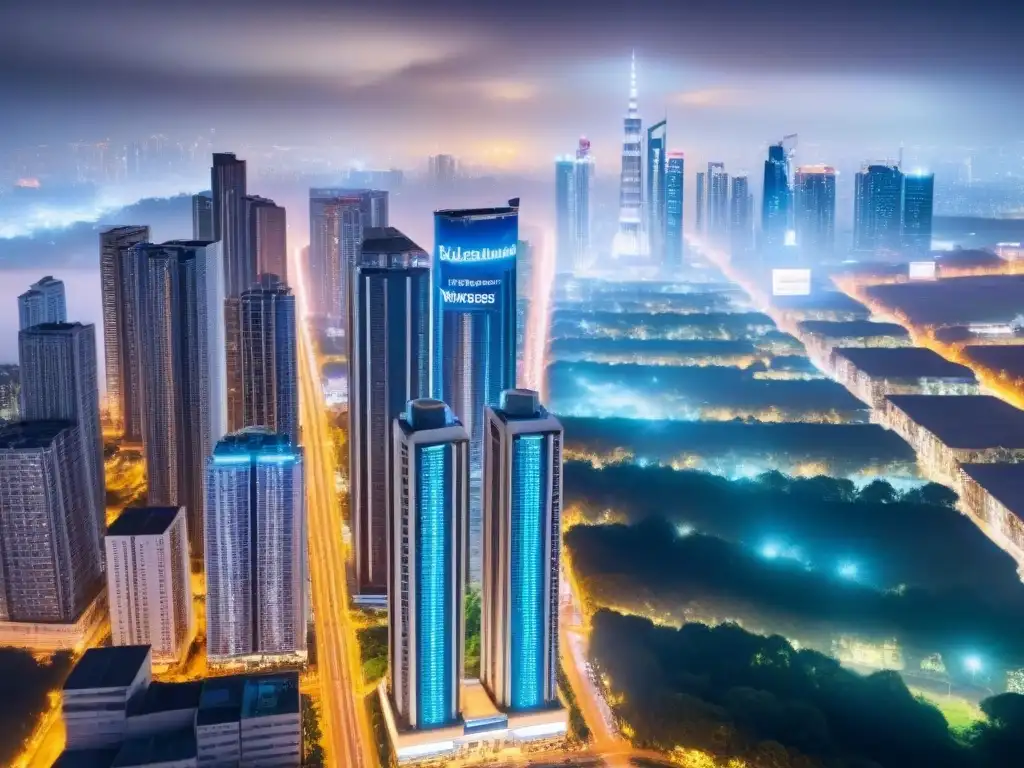 Metrópolis nocturna: mercado inmobiliario digital en auge Vibrante ciudad nocturna con rascacielos iluminados y vallas publicitarias digitales
