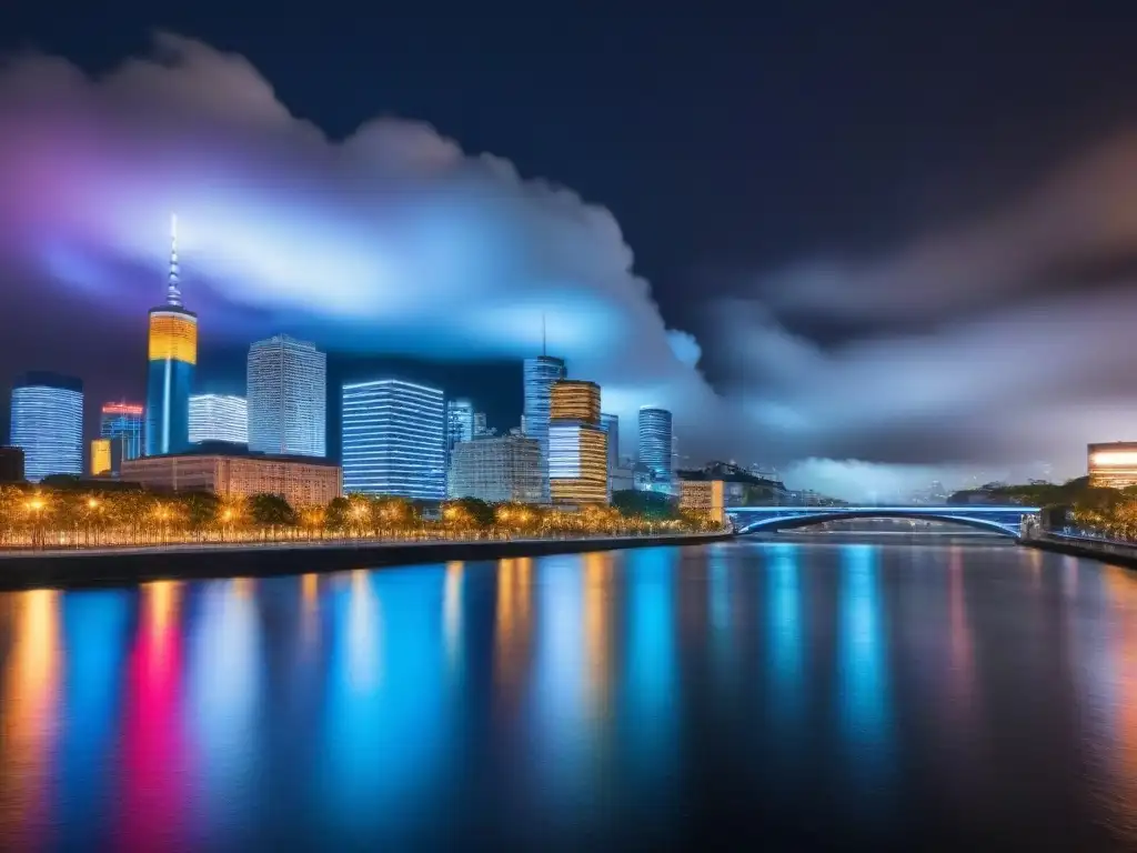 Metrópolis nocturna: modernos rascacielos iluminados sobre río Vibrante ciudad nocturna, rascacielos iluminados junto al río reflejando luces coloridas, metrópolis moderna en la oscuridad