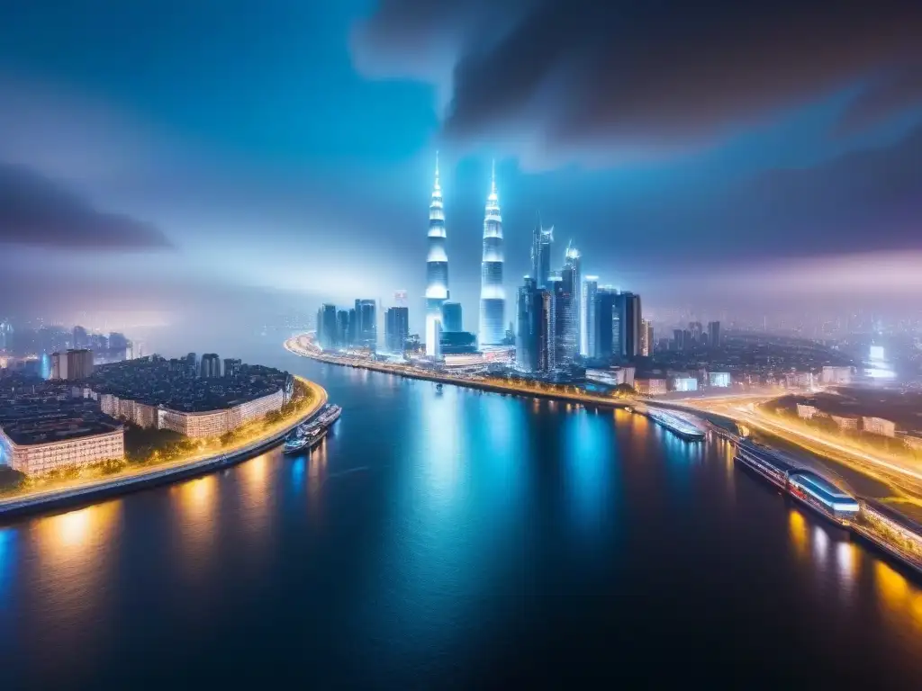 Metrópolis nocturna futurista: luces vibrantes en rascacielos Vibrante ciudad nocturna, rascacielos iluminados reflejan luces futuristas en río