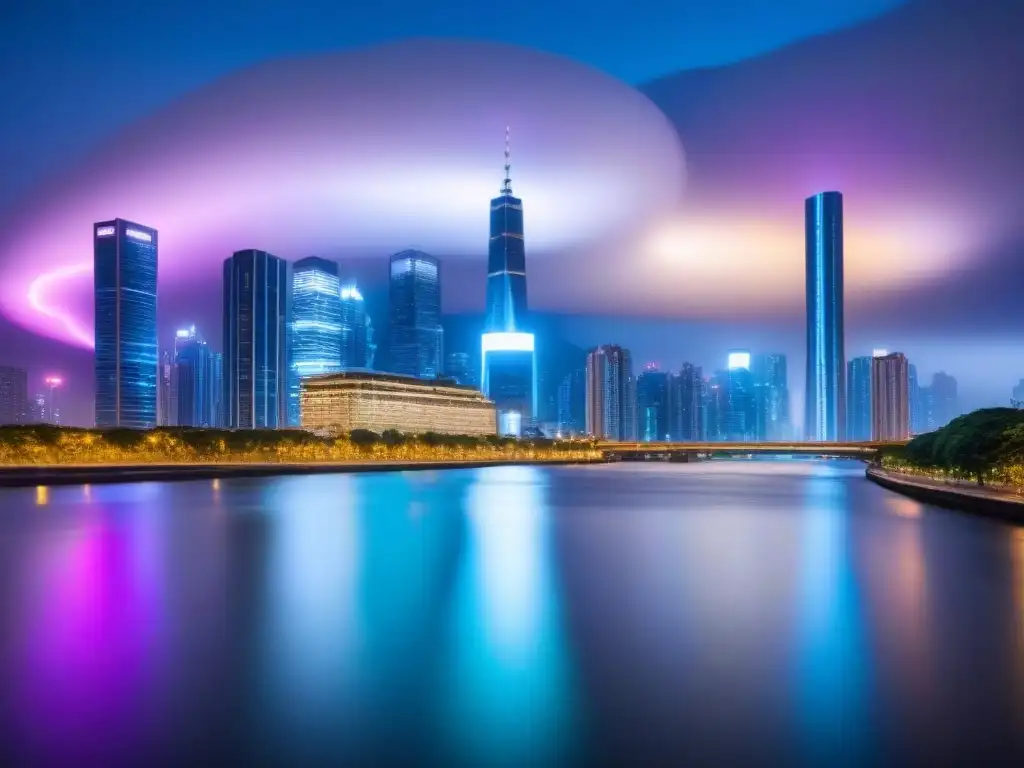 Skyline nocturno: luces y arquitectura futurista en la ciudad Vibrante ciudad nocturna con rascacielos iluminados y río sereno