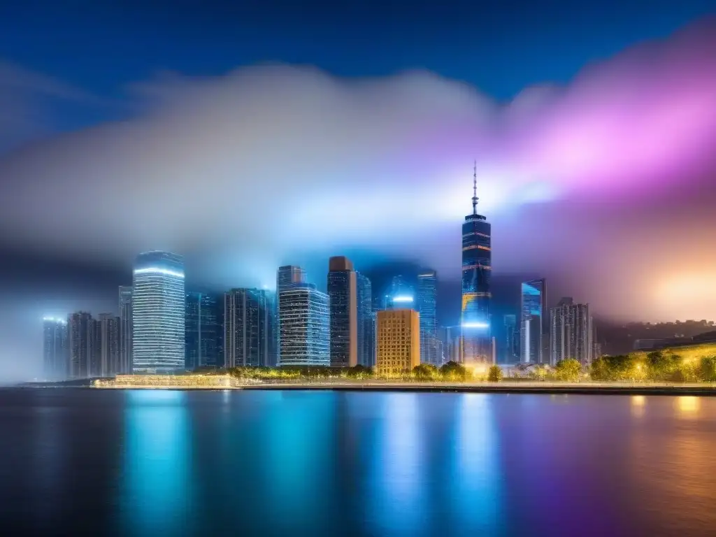 Vibrante ciudad nocturna con rascacielos iluminados y río, ideal para inversión inmobiliaria en normativa local